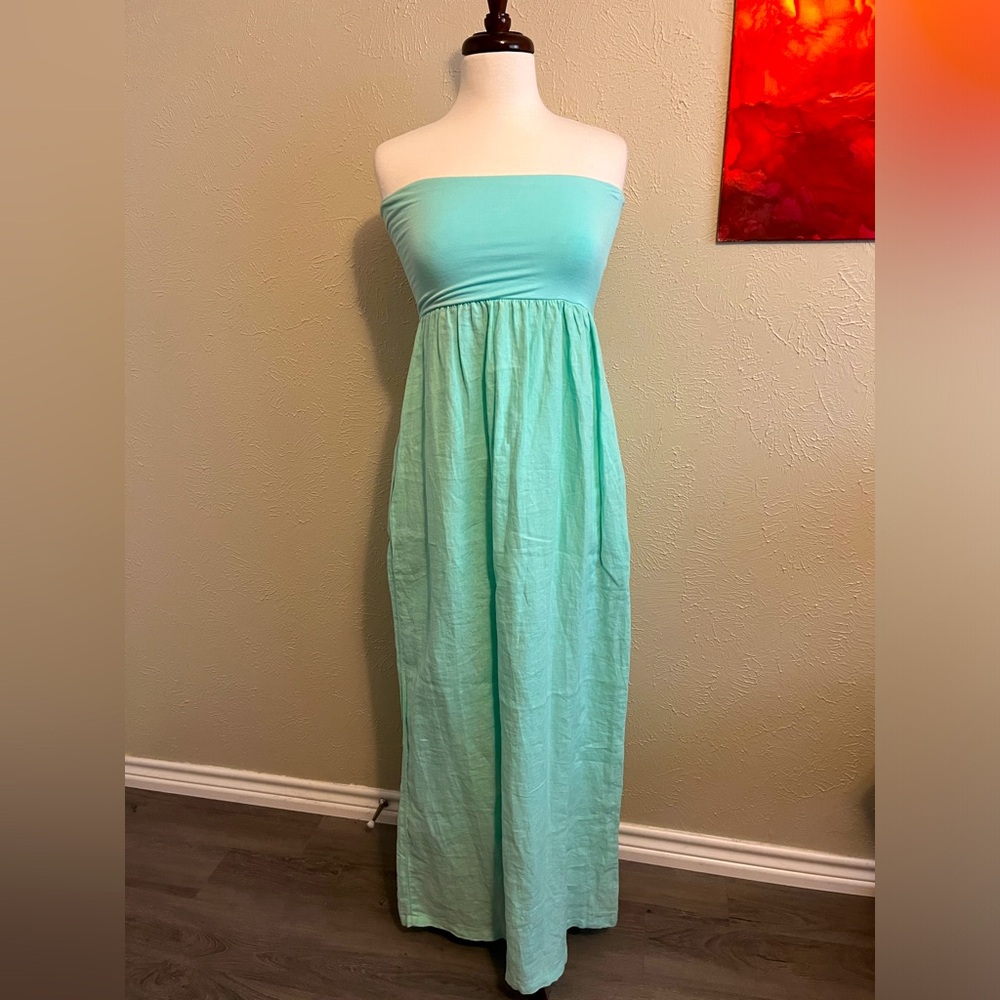 Strapless Aqua Linen Dress with Pockets!